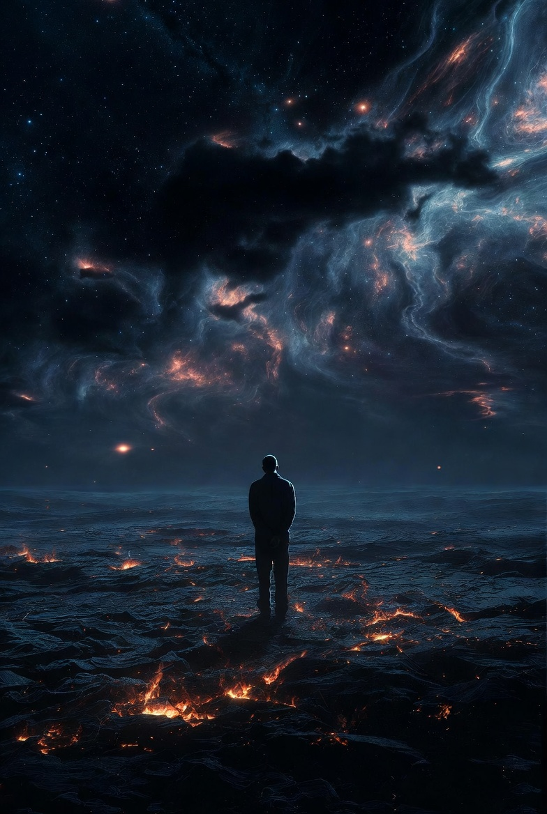 Man Overlooking a Burning Cosmic Horizon
