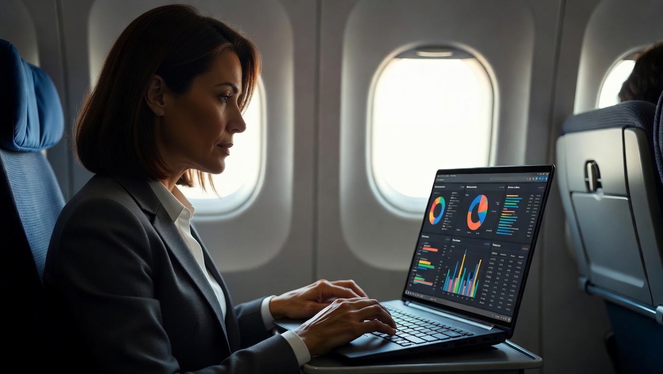 Business Woman Working on Laptop Inside Airplane